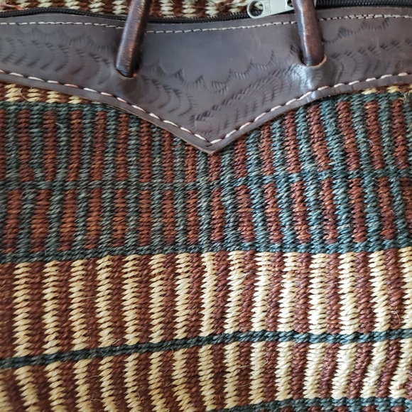 Handcrafted Brown and Tan Woven Tote Bag With Leather Handles - Picture 5 of 8
